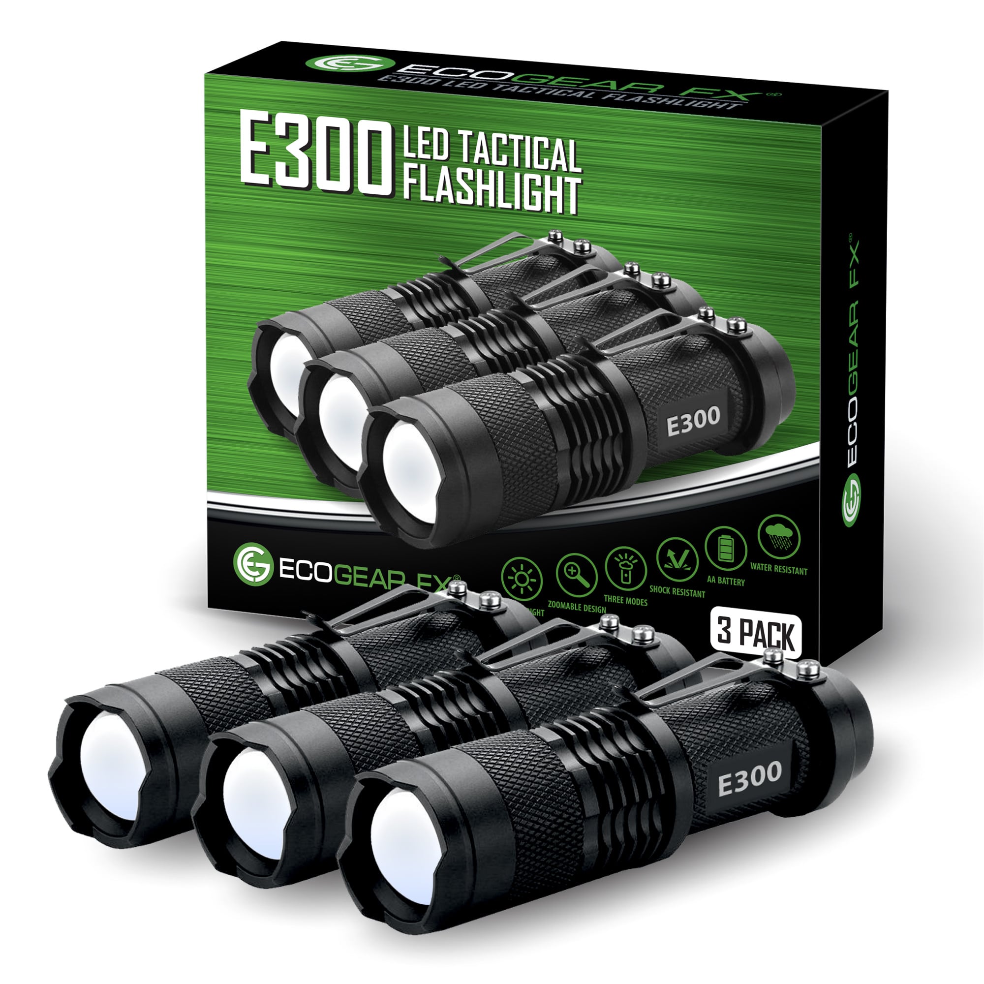 E300 Mini Led Flashlight With 3 Light Modes And Zoom (3-pack)