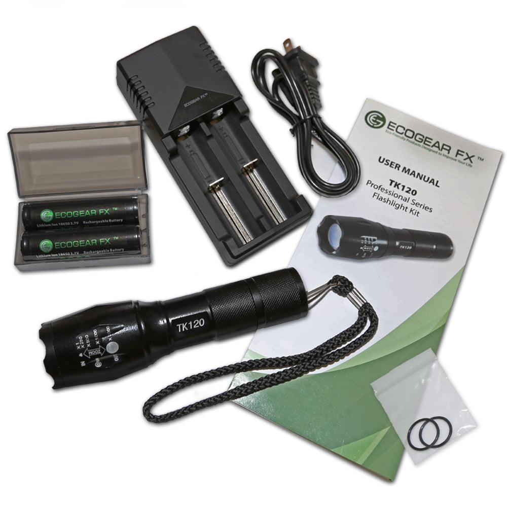 TK120 LED Tactical Flashlight Kit with Zoom and Rechargeable Batteries