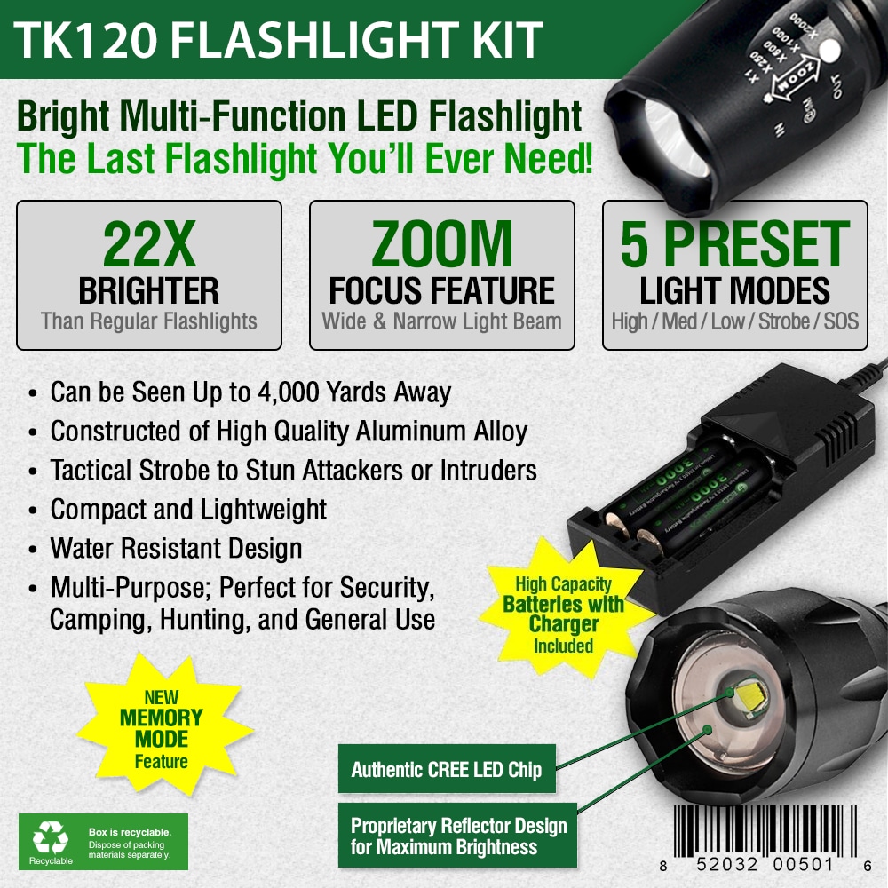 TK120 Tactical LED Flashlight Kit with Zoom Function