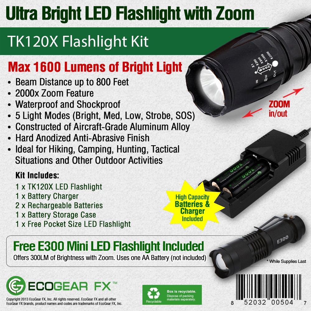 Bright Tactical LED Flashlight Kit for Safety and Security EcoGear FX
