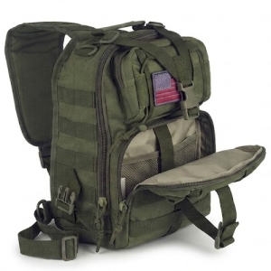 14 liter shoulder backpack in green with main compartment open