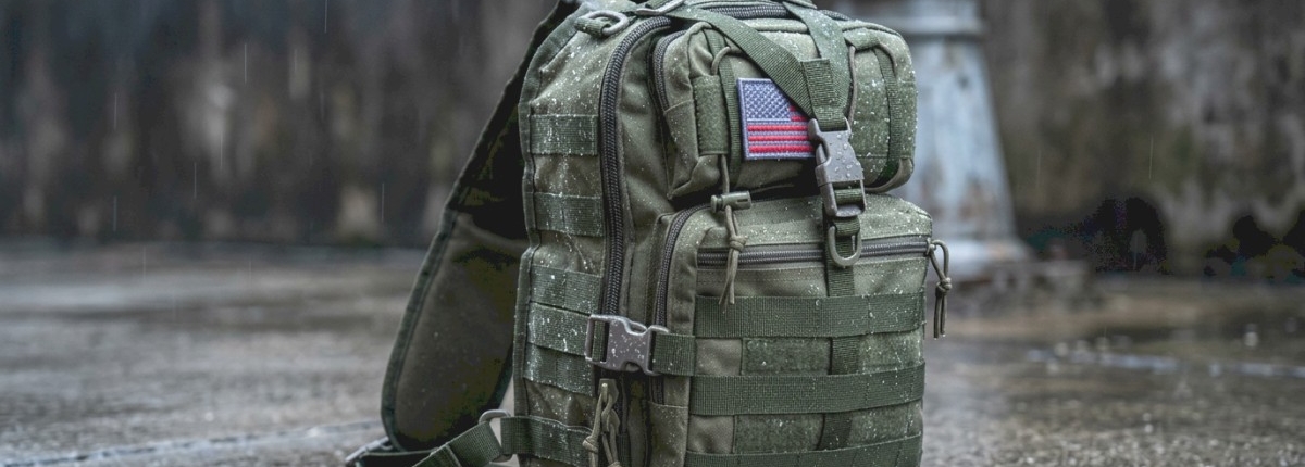 A 14 liter sling bag in army green with rain drops sitting on a sidewalk