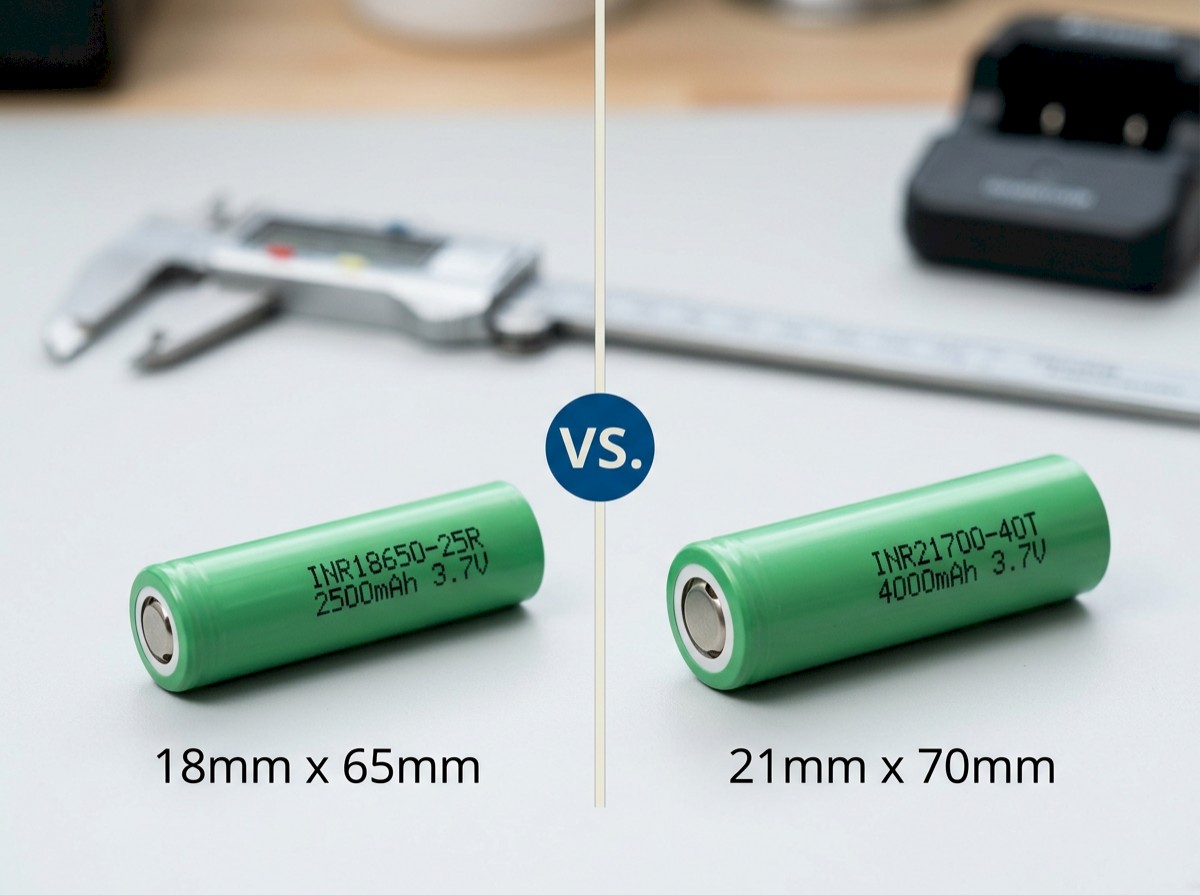 rechargeable 18650 and a 21700 batteries on a table showing the dimensions