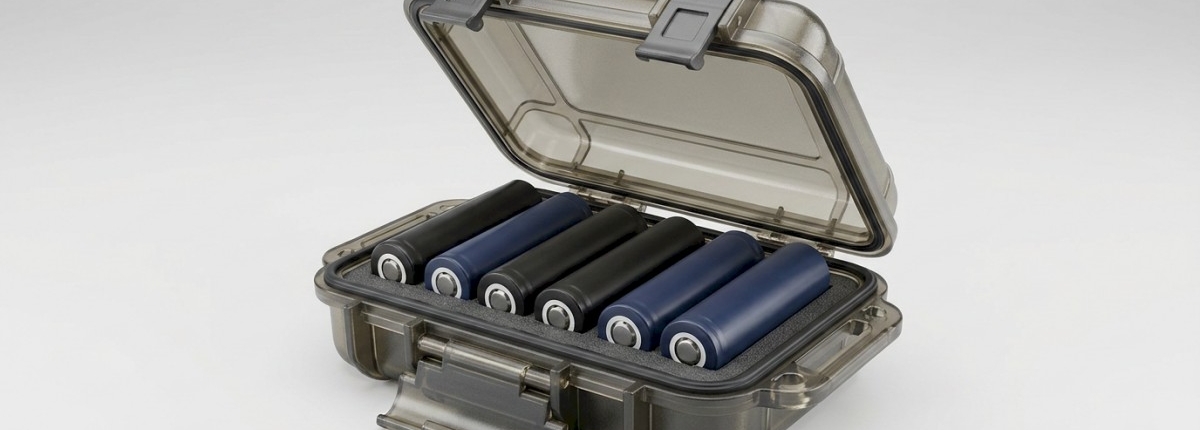 a 6-pack of 18650 batteries in a storage case for traveling safely