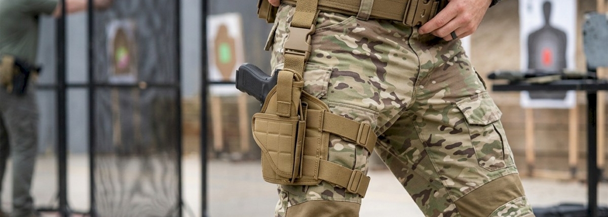 man wearing a khaki colored drop leg thigh holster show advantages on shooting range