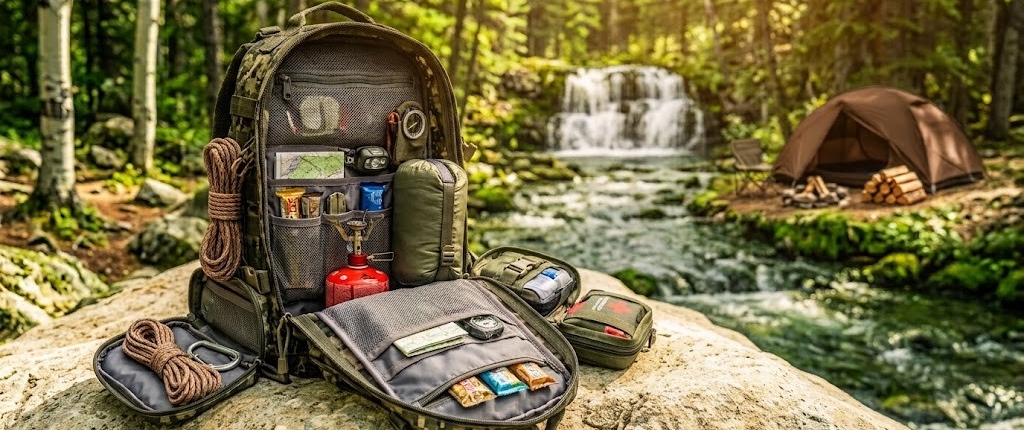 army green backpack with compartments and pouches open and neatly filled with camping gear on camp site