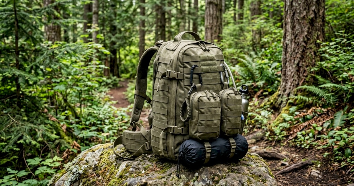 an army green backpack with molle sitting on rocks in a forest