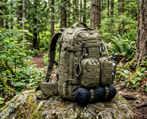 an army green backpack with molle sitting on rocks in a forest
