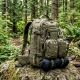 an army green backpack with molle sitting on rocks in a forest