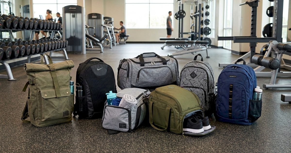 Array of gym backpacks in various styles, displayed on a gym floor with equipment in the background