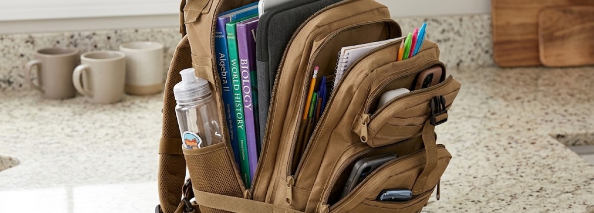 backpack on kitchen counter with items packed inside [textbooks, a laptop sleeve, a water bottle, notepad, pencils]