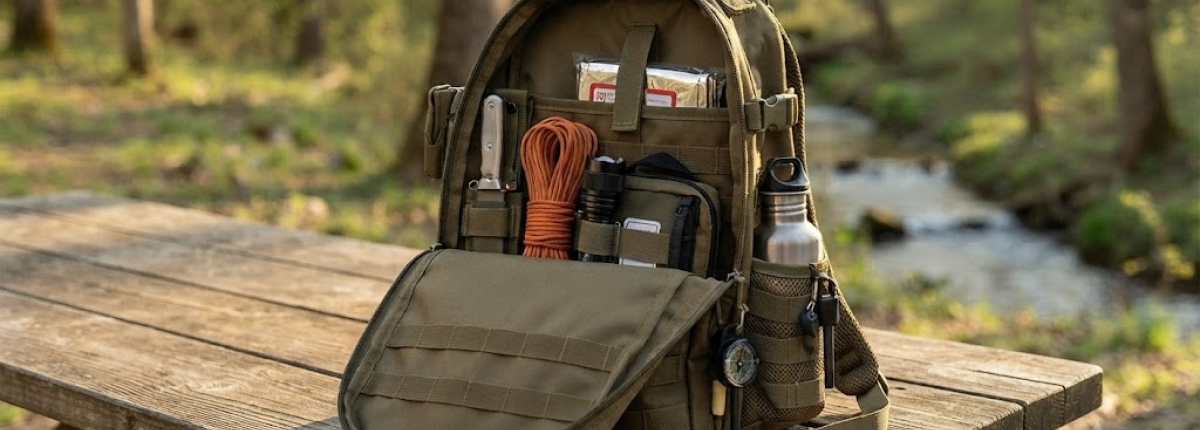 backpack on table open showing survival items