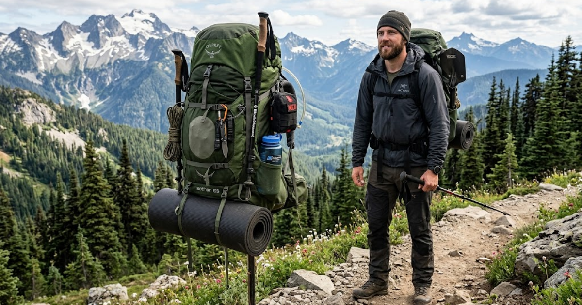 backpack packed with Survival gear with man wearing backpack
