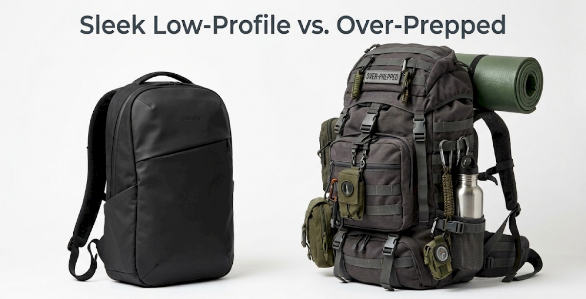 different backpacks a sleek low‑profile pack vs. an Over‑Prepped bag