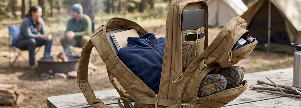 khaki backpack on wood outdoor table with items packed inside each compartment at a camp ground with people