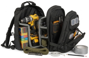 backpack with tools items [cordless drill, a set of sandpaper, and a roll of duct tape] packed inside