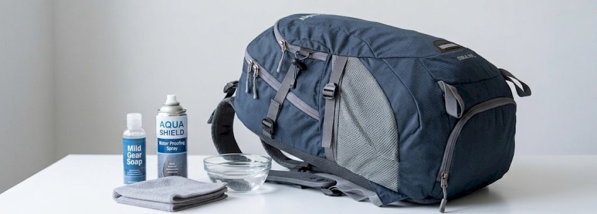 backpack on white table with cleaning items [small cloth, mild soap, water proofing spray]