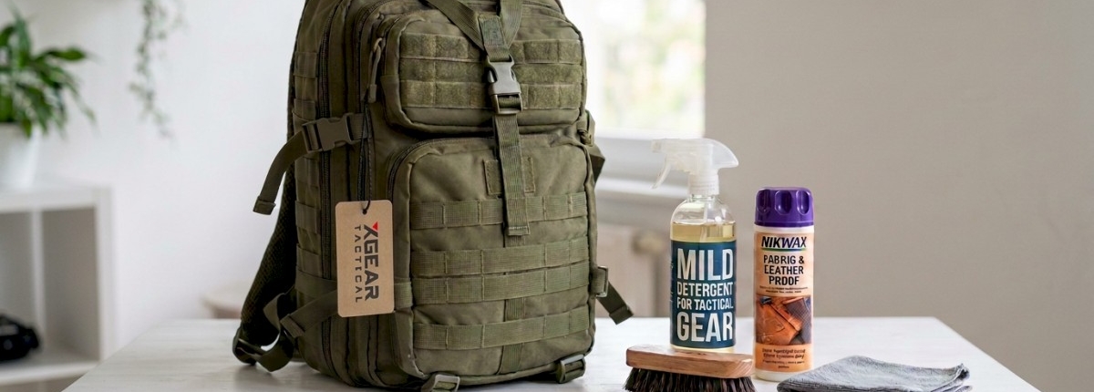 backpack on white table with cleaning supplies [mild detergent, soft brush, water‑repellent spray]