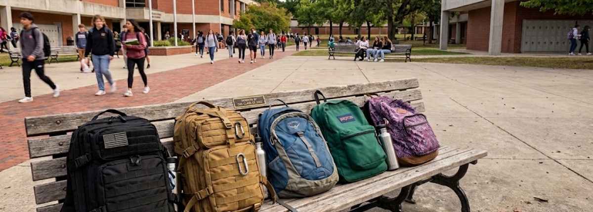 group of 30 liter backpacks tactical style on a wood school bench