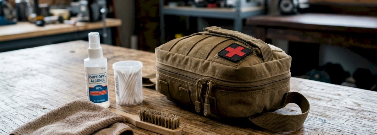 bag on table indoors with cleaning supplies for maintenance