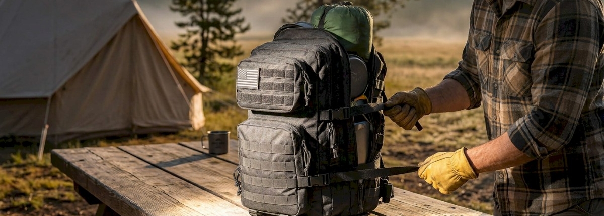 bag on wood outdoor table with items packed inside and the compression straps are being synched by a man pulling on strap at a camping site