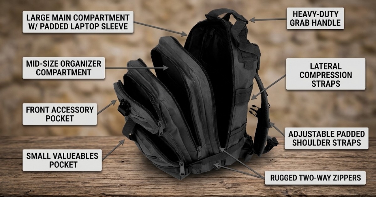 bag with specifications using callouts on wooden table