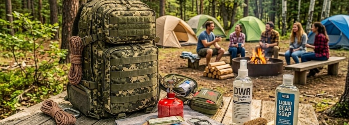 bag on wood outdoor camp table with cleaning supplies [drw coating, small soft brush, mild liquid soap] at a small camp site