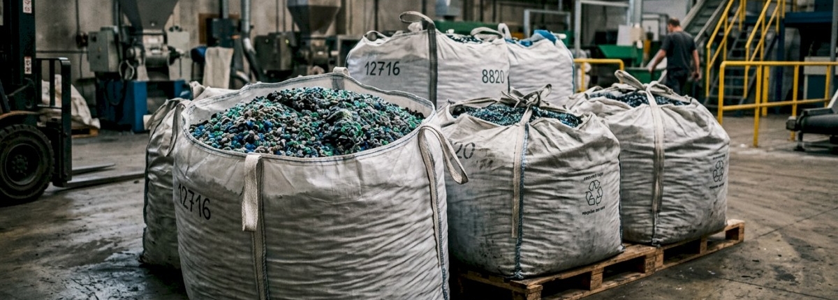 bags of recycled nylon materials on a indoor factory floor