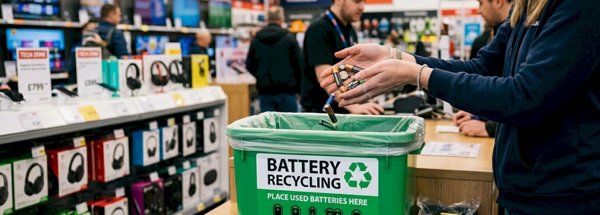 batteries being safely disposed of in a recycling bin inside of an electronics store