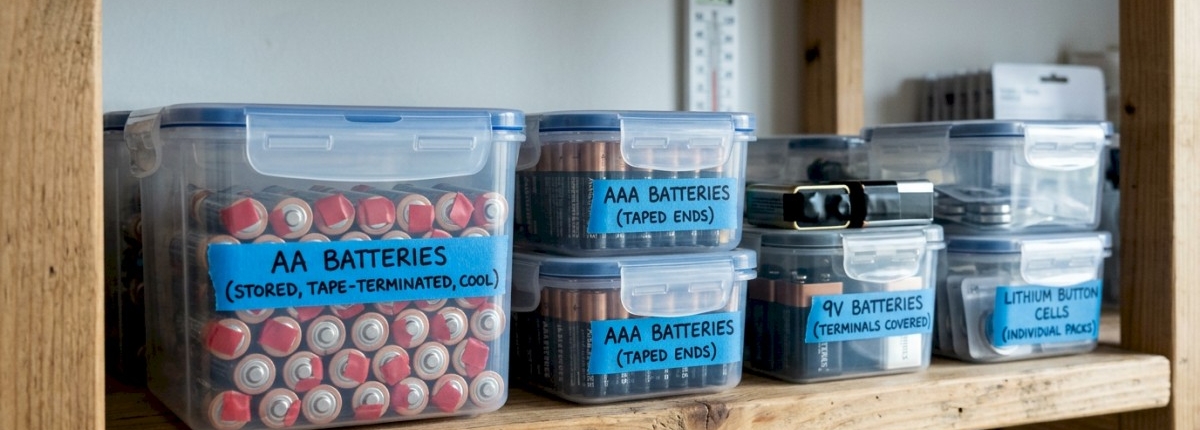 batteries being safely stored in containers on a shelf within a cool environment