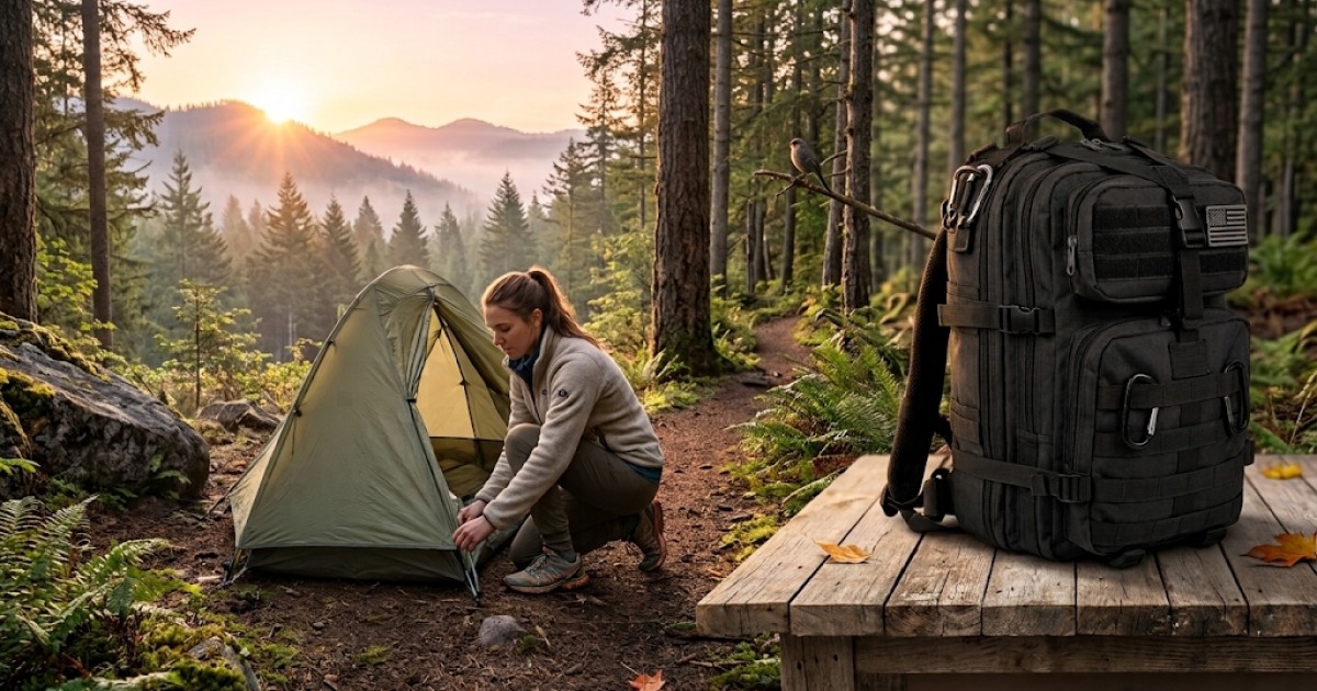 A beginner backpacker setting up a lightweight tent on a forest trail at sunrise