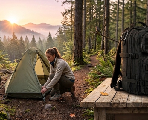 A beginner backpacker setting up a lightweight tent on a forest trail at sunrise
