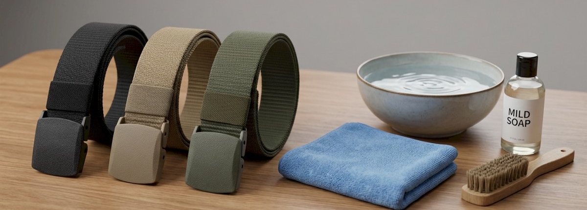 belts on a table for cleaning with cloth, water, brush, and soap