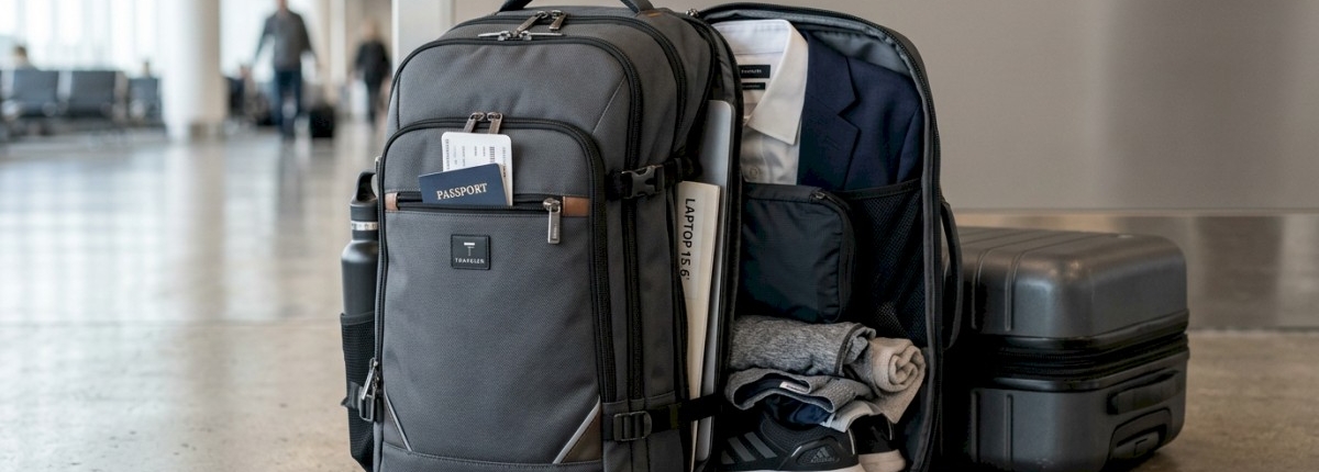 a business travelers bag gym sack open showing items packed at an airport