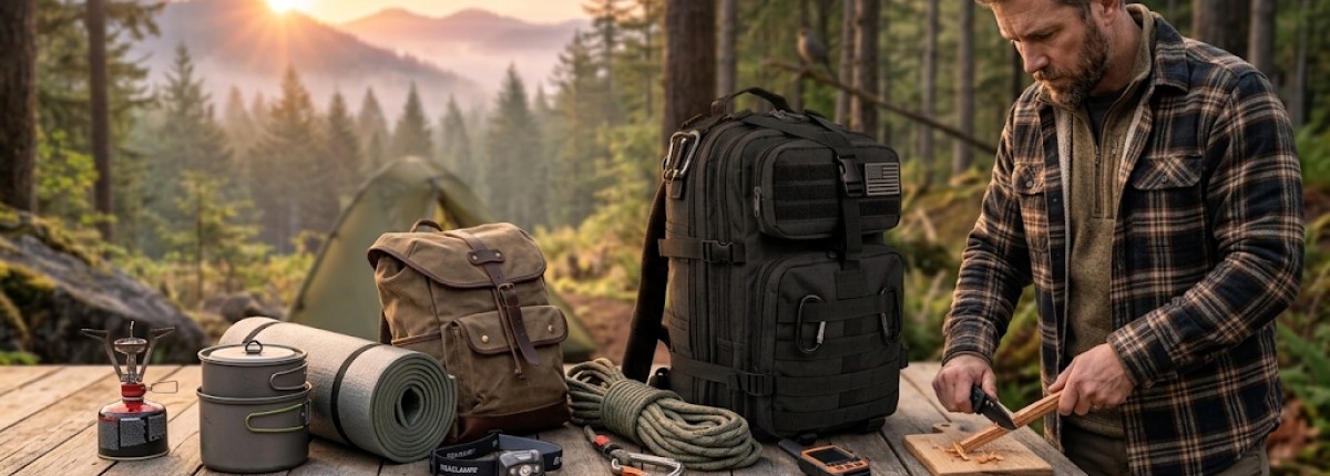 a group of camping gear on wood table with a man testing the gear