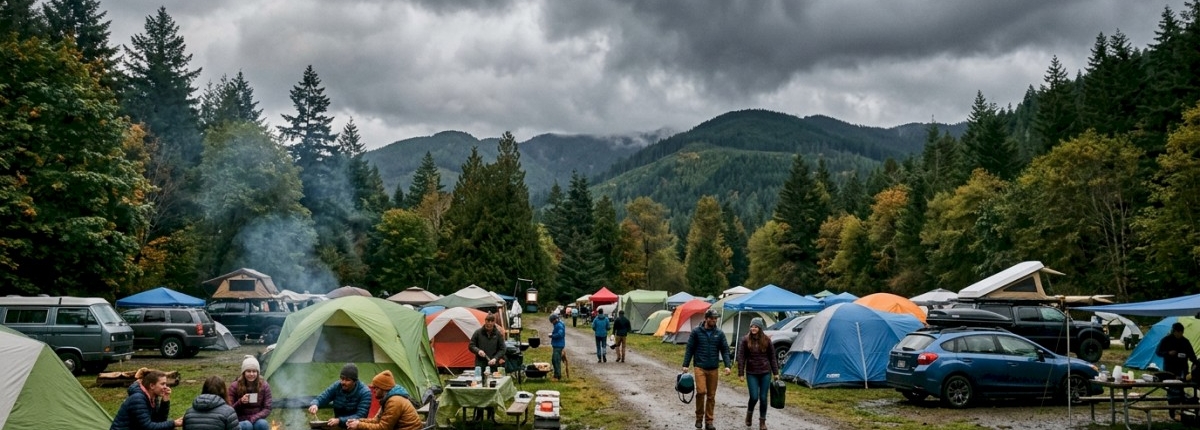 camping with tents and a large group of people in cold weather with heavy clouds over head