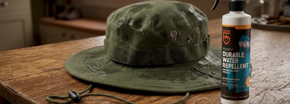 a clean wet boonie hat in army green on table indoors with a spray bottle of water repellent