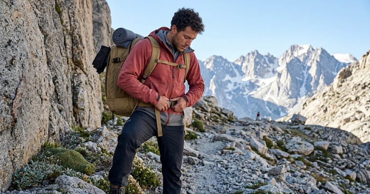 climber adjusting their durable, lightweight backpack on the rocky alpine trail.