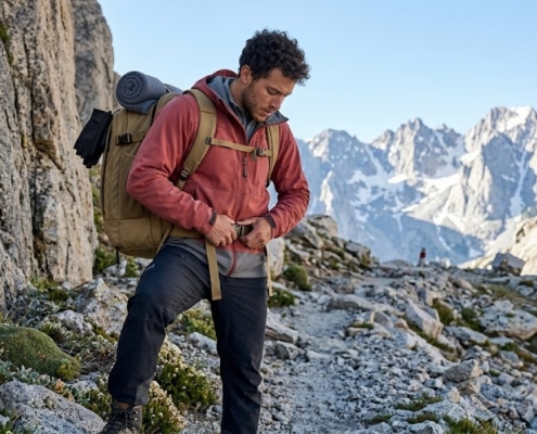 climber adjusting their durable, lightweight backpack on the rocky alpine trail.