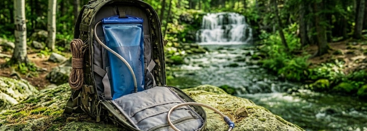 close-up of a camouflaged backpack on a forest rock open with a hydration bladder