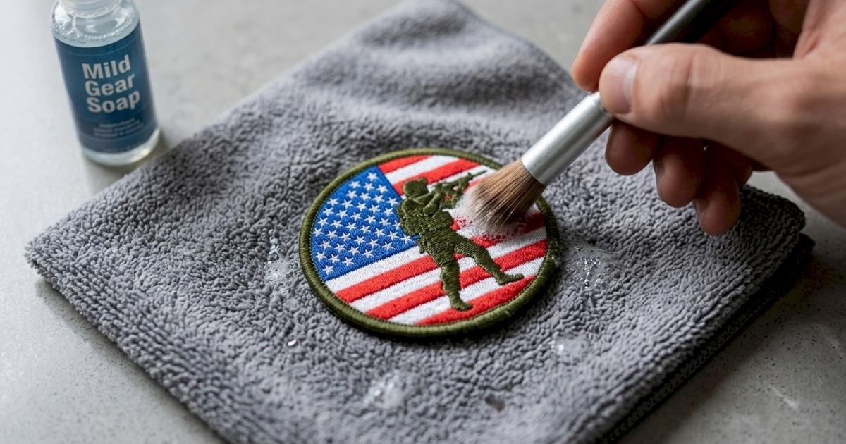 Close‑up of a colorful embroidered morale patch being gently hand‑washed on a microfiber cloth