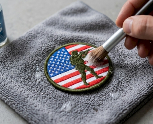 Close‑up of a colorful embroidered morale patch being gently hand‑washed on a microfiber cloth