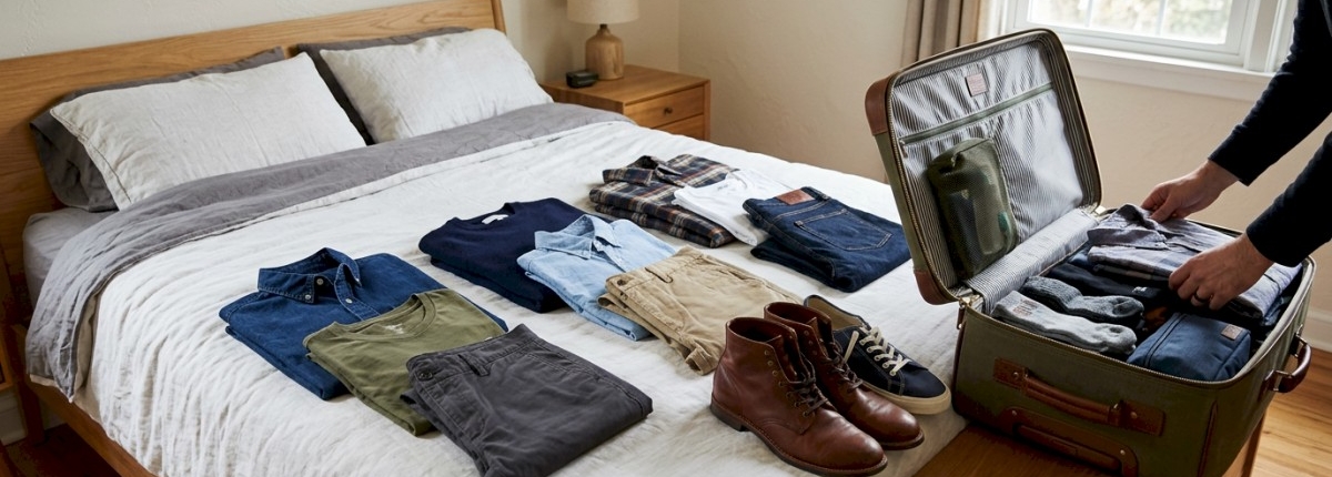 A few mens clothing outfits and shoes on a bed next to a suitcase opened being packed