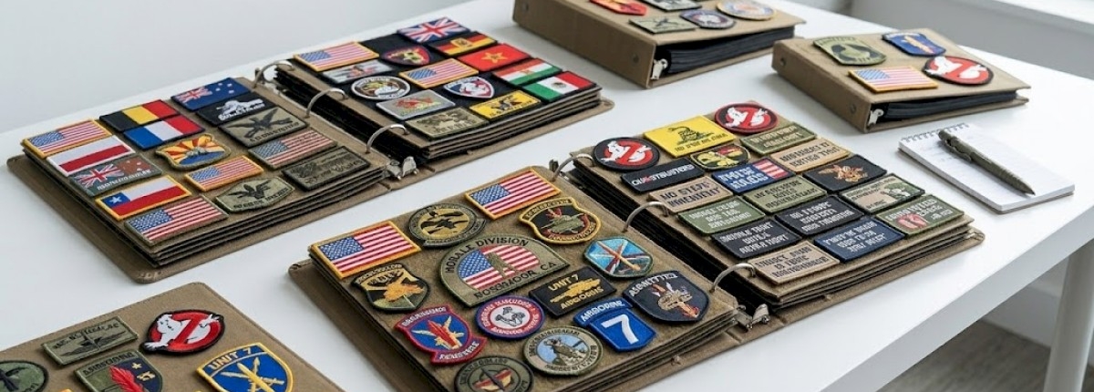 a large collection of different patches inside binders with hook pages