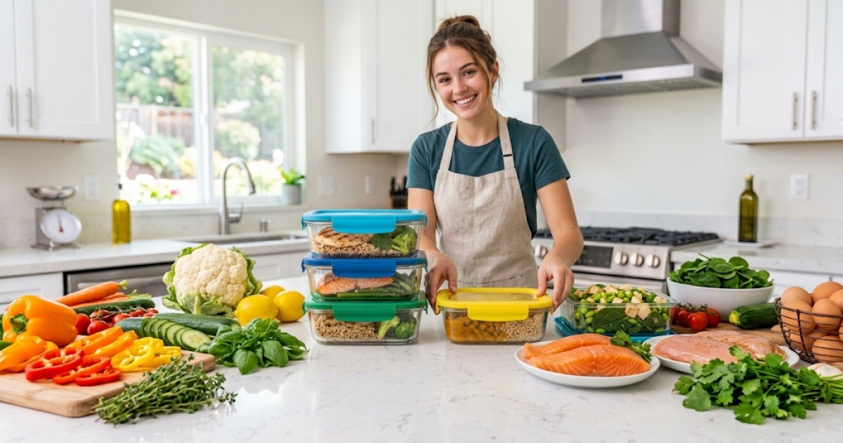 Colorful meal prep containers arranged on a kitchen counter with fresh vegetables and proteins