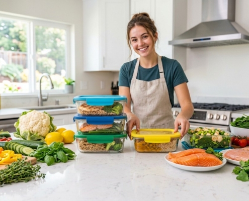 Colorful meal prep containers arranged on a kitchen counter with fresh vegetables and proteins