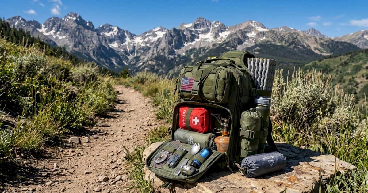 A compact hiking backpack open on a trail with neatly arranged gear and a mountain backdrop