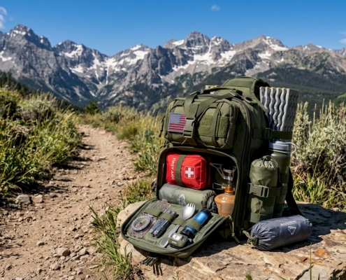 A compact hiking backpack open on a trail with neatly arranged gear and a mountain backdrop