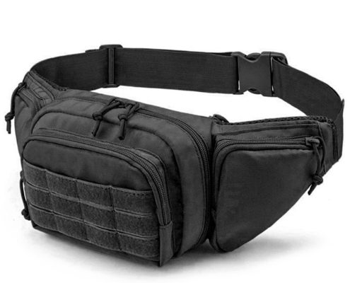 close-up view of a concealed carry fanny pack in black color on a white background