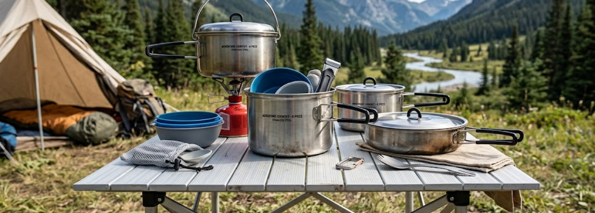 6 piece Cooking Pot Set for camping on folding camping table